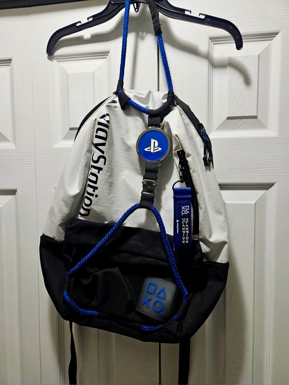 Sony Black & White Drawstring Backpack with Blue PlayStation Accents